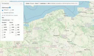 Mapa zasięgu sieci komórkowych w Polsce z filtrami po lewej stronie.