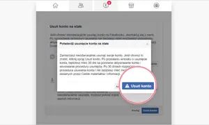 Okno dialogowe Facebook z przyciskiem "Usuń konto" i ostrzeżeniem.