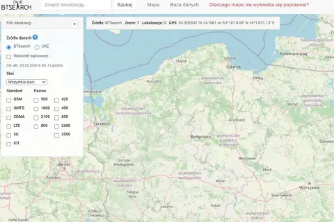 Mapa zasięgu sieci komórkowych w Polsce z filtrami po lewej stronie.