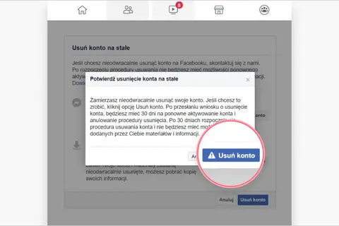 Okno dialogowe Facebook z przyciskiem "Usuń konto" i ostrzeżeniem.