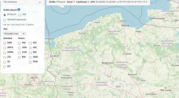 Mapa zasięgu sieci komórkowych w Polsce z filtrami po lewej stronie.