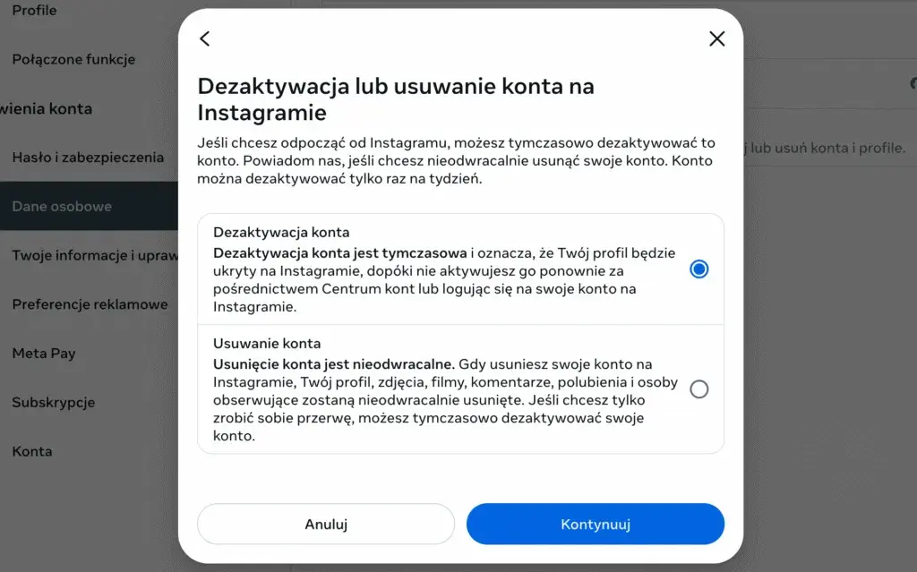 Jak usunąć konto na Instagramie i uniknąć utraty danych
